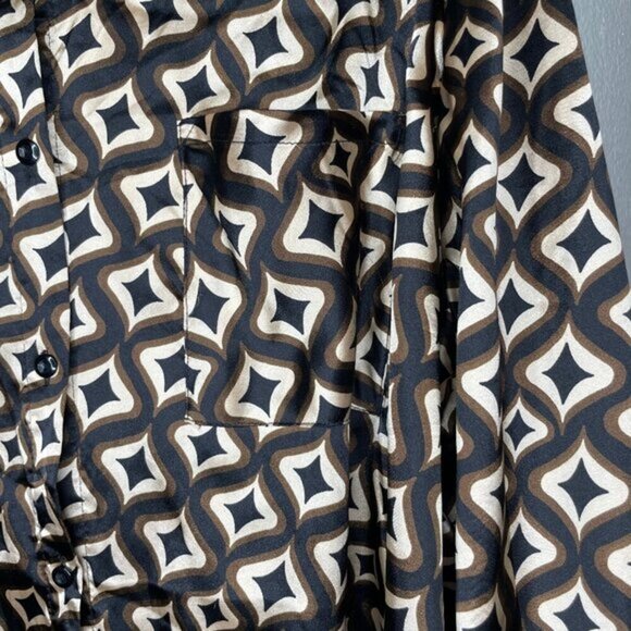 Rue Women's Brown Black Retro Print Tie Front Button Roll Tab Blouse Plus 3X - Picture 4 of 7